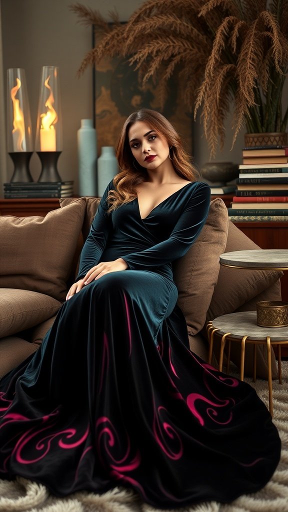 A woman in a deep velvet maxi dress with pink swirls, sitting elegantly in a cozy living room setting.