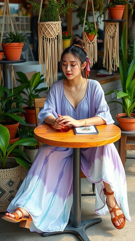 A woman wearing a pastel-colored maxi dress sitting at a wooden table in a café, surrounded by plants.