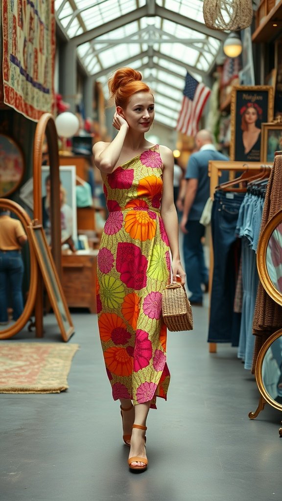 A woman wearing a vibrant floral maxi dress in a market setting