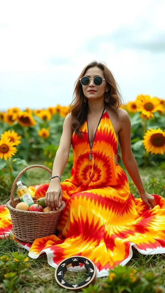 A woman in a colorful tie-dye maxi dress sitting in a sunflower field, holding a basket of fruits.