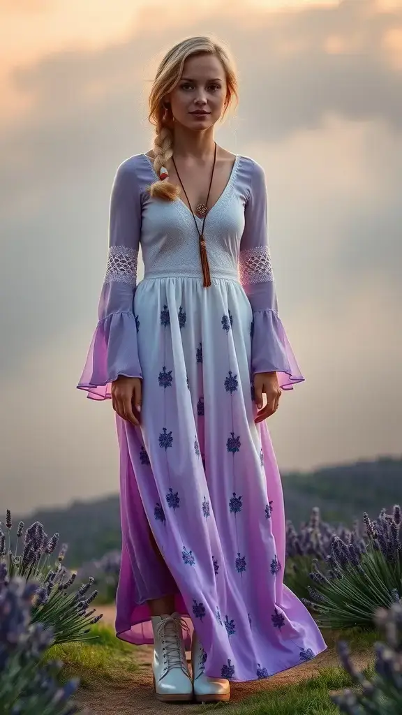 A woman wearing a lavender maxi dress in a field of lavender with a sunset backdrop.