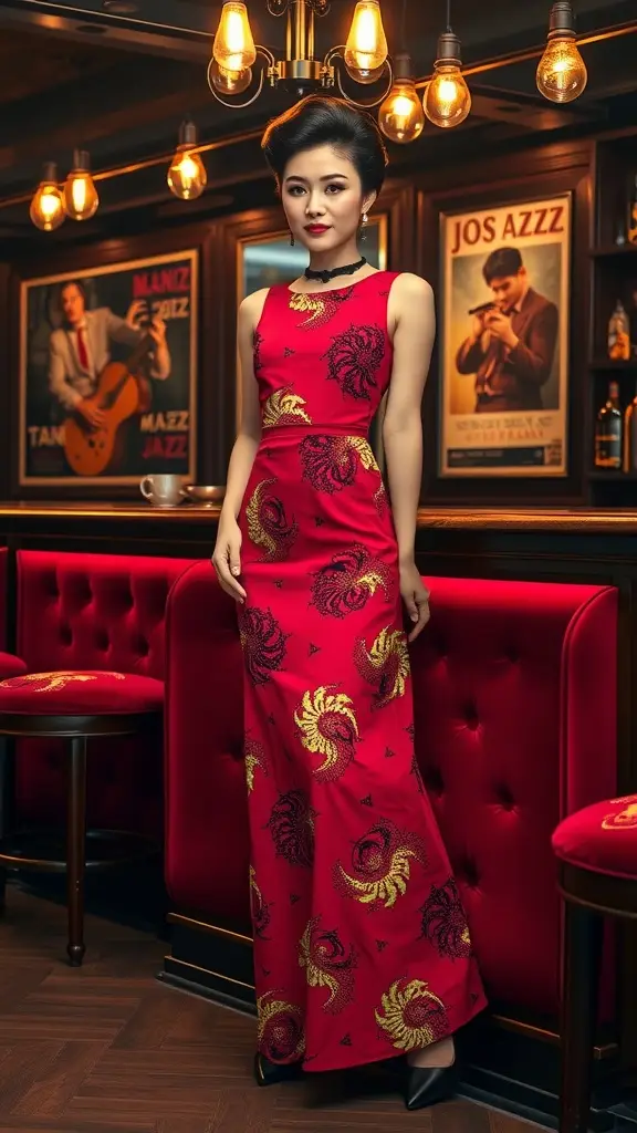 A woman wearing a red maxi dress with gold patterns in a jazz bar setting.
