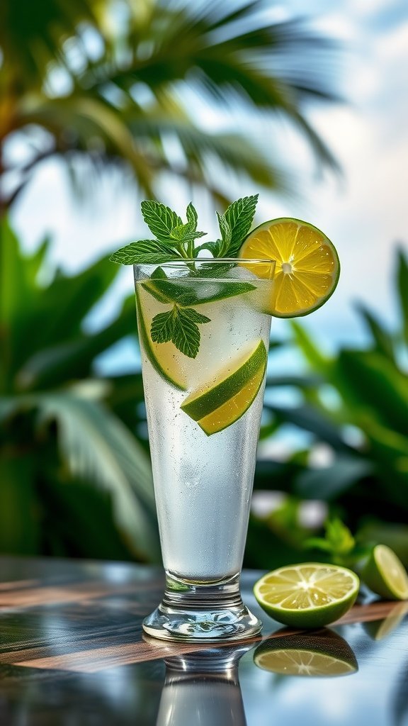 A refreshing Cuban Mojito cocktail with lime and mint on a table.