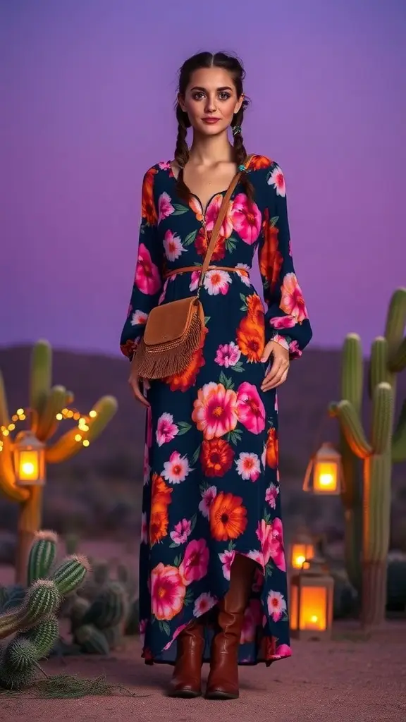 A model wearing a floral maxi dress in a desert setting with cacti and soft lighting.