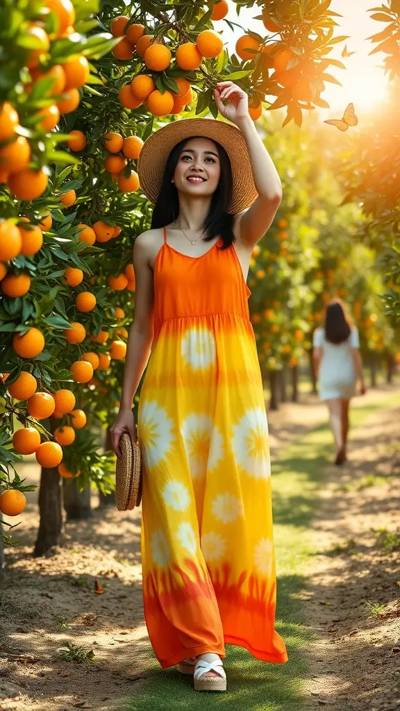 A woman in a vibrant orange and yellow tie-dye maxi dress walking in an orange grove, smiling and enjoying the sunny day.