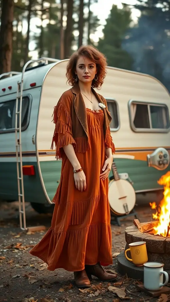 A woman in an amber-colored maxi dress with fringes, standing near a vintage trailer and campfire, surrounded by trees.