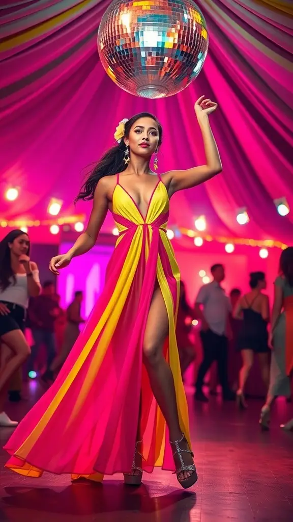 A woman in a vibrant pink and yellow gown dancing under a disco ball at a lively party.