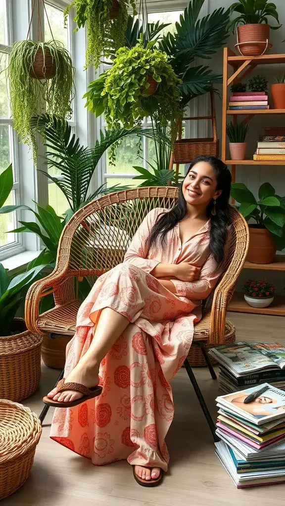 A woman sitting in a cozy setting wearing a blush-colored maxi dress, surrounded by indoor plants.
