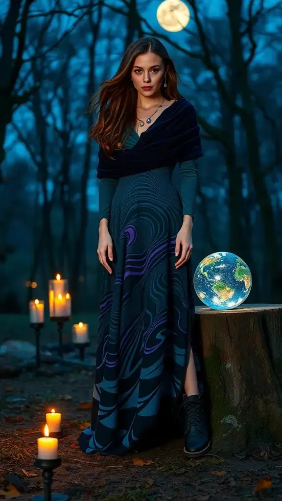 A woman in a Mystic Groove Gown with swirling patterns, surrounded by candles and a globe in a mystical forest setting.