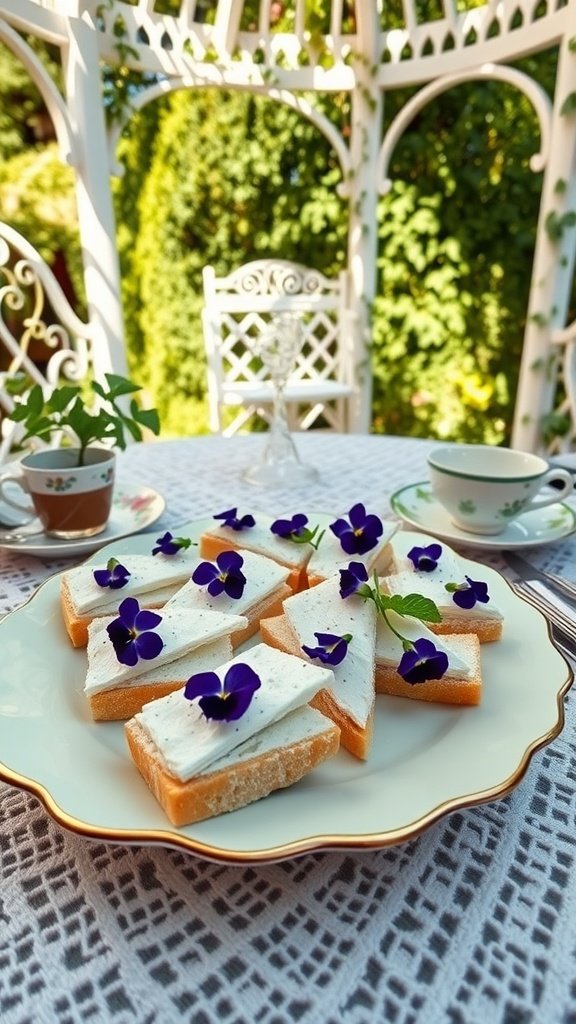 Tea sandwiches with cucumber and mint garnished with flowers.