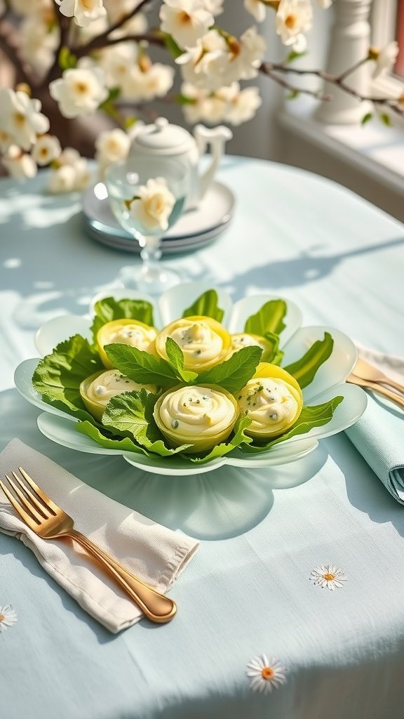 Basil Egg Salad Petal Cups served on a decorative plate with a light background