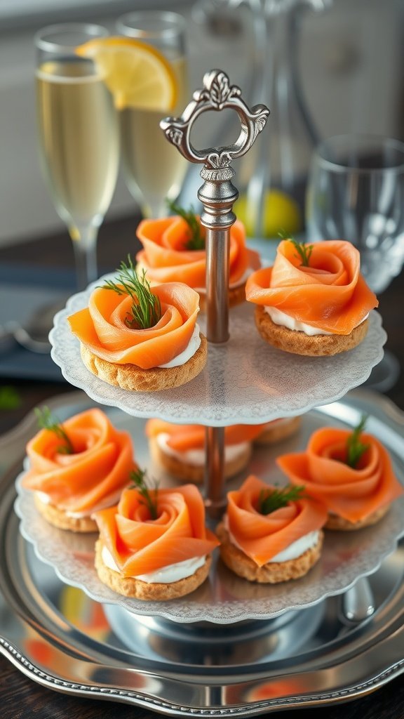 Smoked salmon rose rolls on a tiered serving tray.