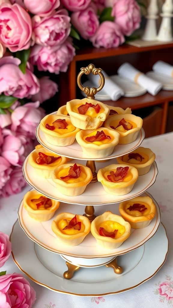 Mini Quiches Lorraine displayed on a tiered stand