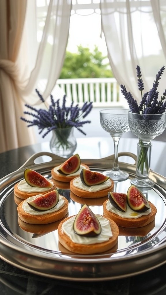 Plate of fig and blue cheese canapés garnished with herbs and honey