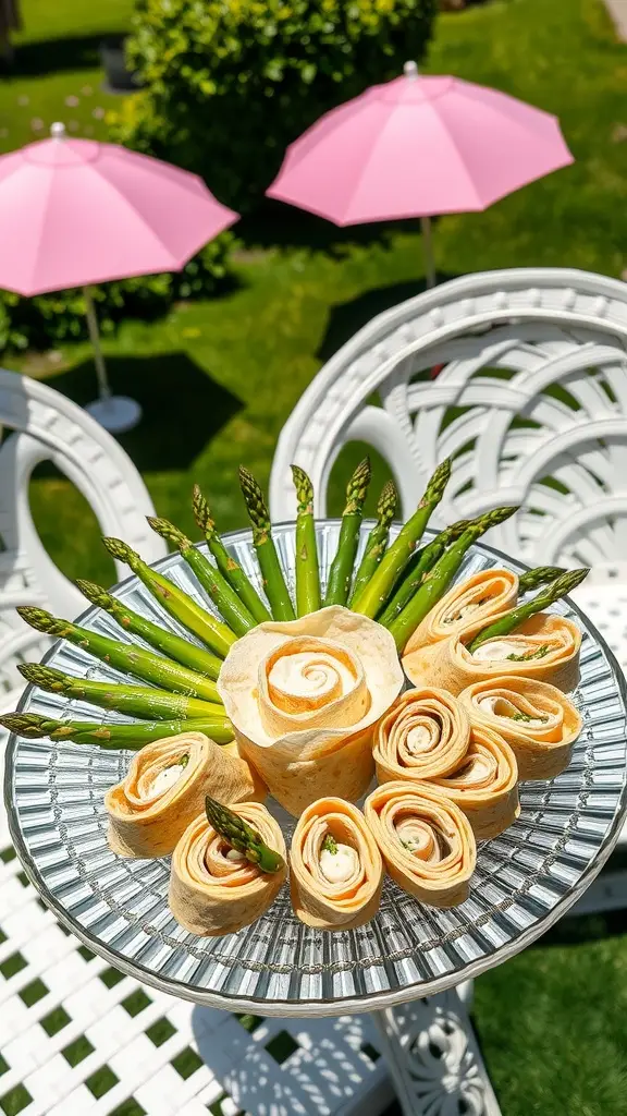 A platter of asparagus and lemon ricotta roll-ups arranged beautifully for serving.
