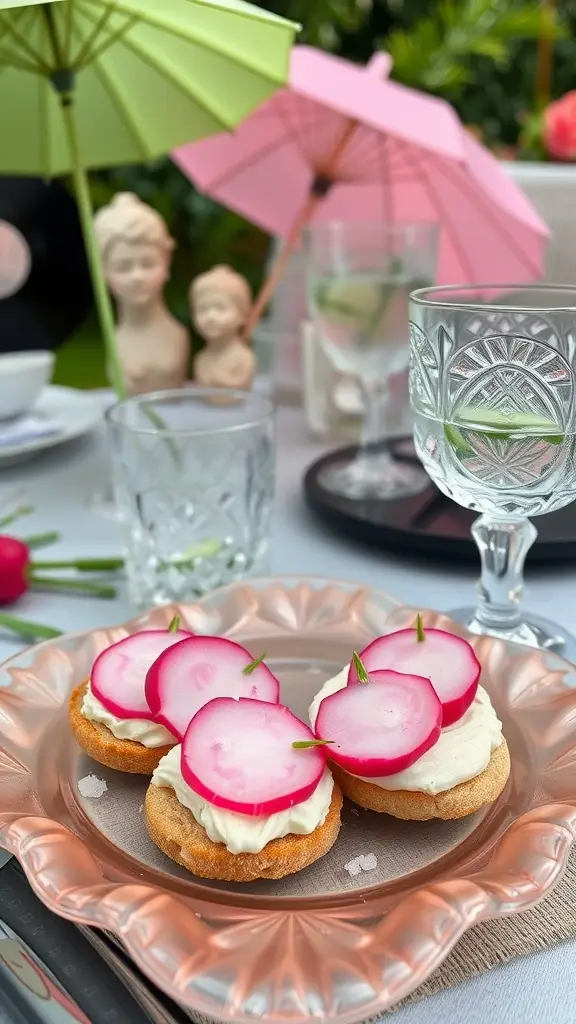 Radish Butter Rounds with Sea Salt on a decorative plate.