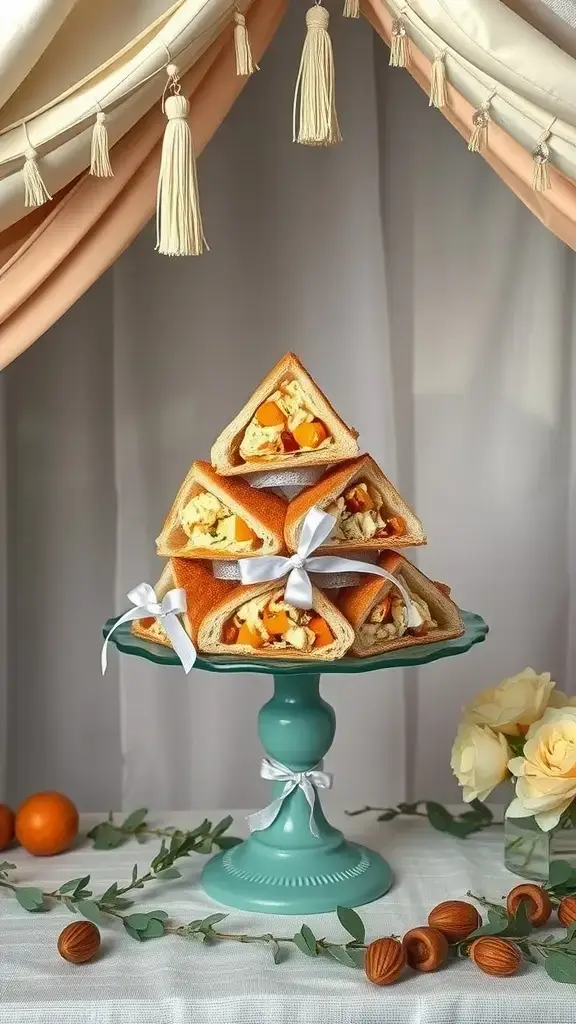 Delicious coronation chicken tea sandwiches arranged in triangles.
