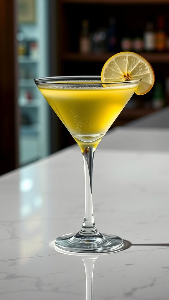 A refreshing Appletini cocktail served in a martini glass with a twist of lemon