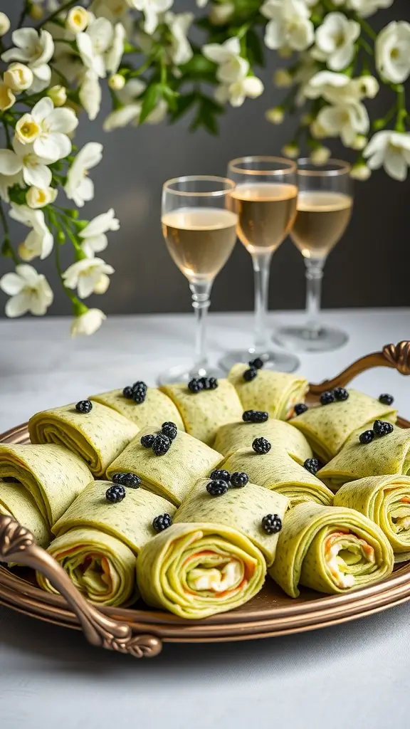 Chive crêpe rolls with cream cheese and caviar on a platter.