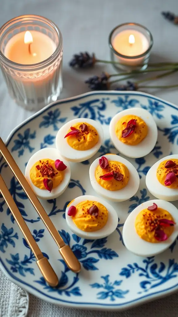 A platter of deviled quail eggs garnished with pink peppercorns and herbs.
