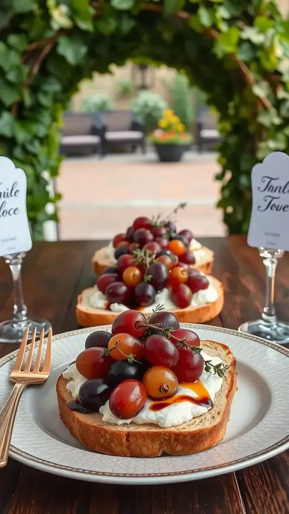 Delicious roasted grape and whipped feta tartines served on elegant plates.