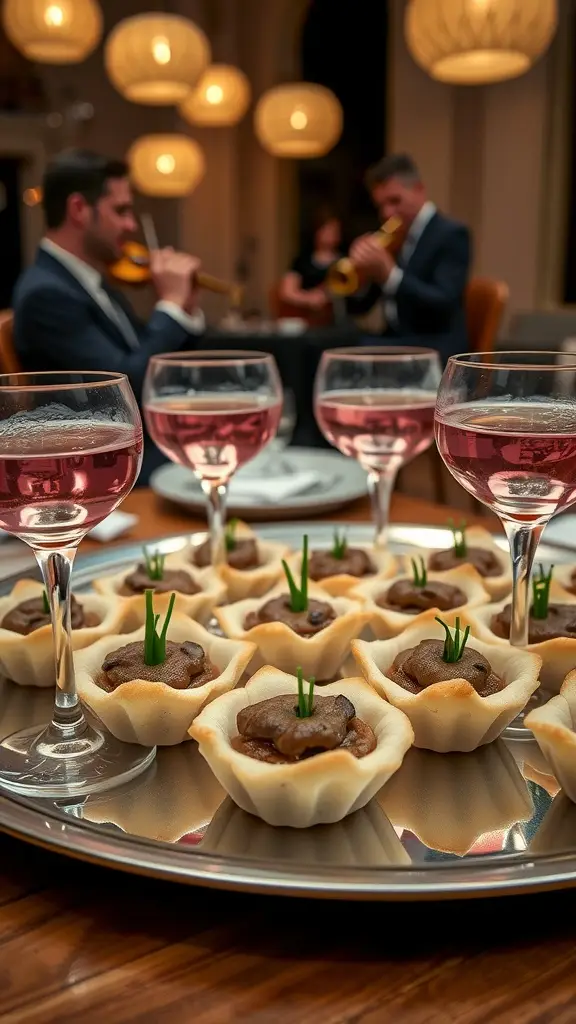 Mushroom pâté puff bites served on a tray with drinks.