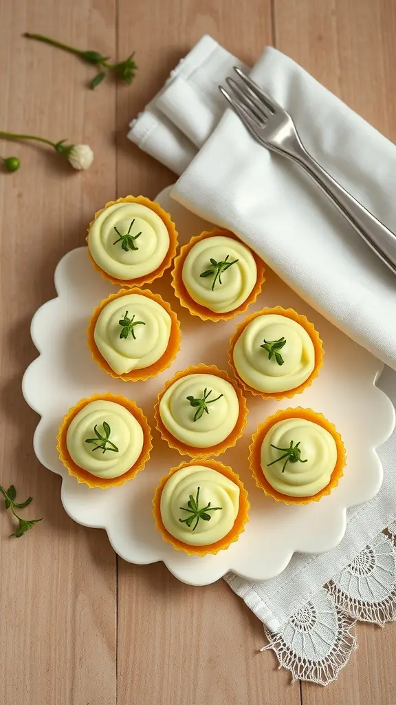 Avocado and lime tartlets topped with chive blossoms arranged on a plate.