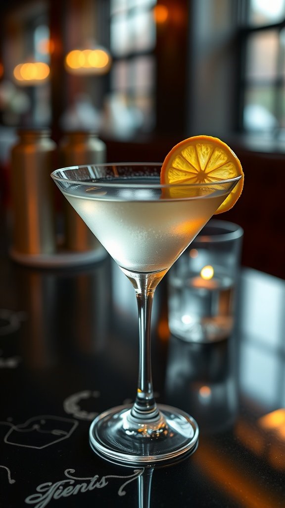 A classic Vesper Martini served in a sleek glass, garnished with a lemon slice.