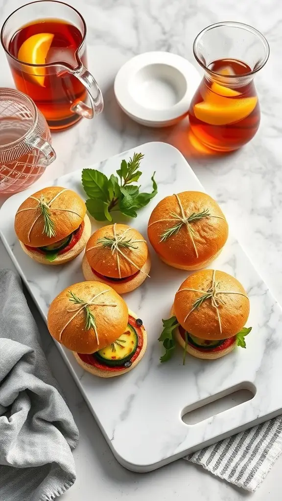 A platter of roasted red pepper and hummus sliders with fresh herbs
