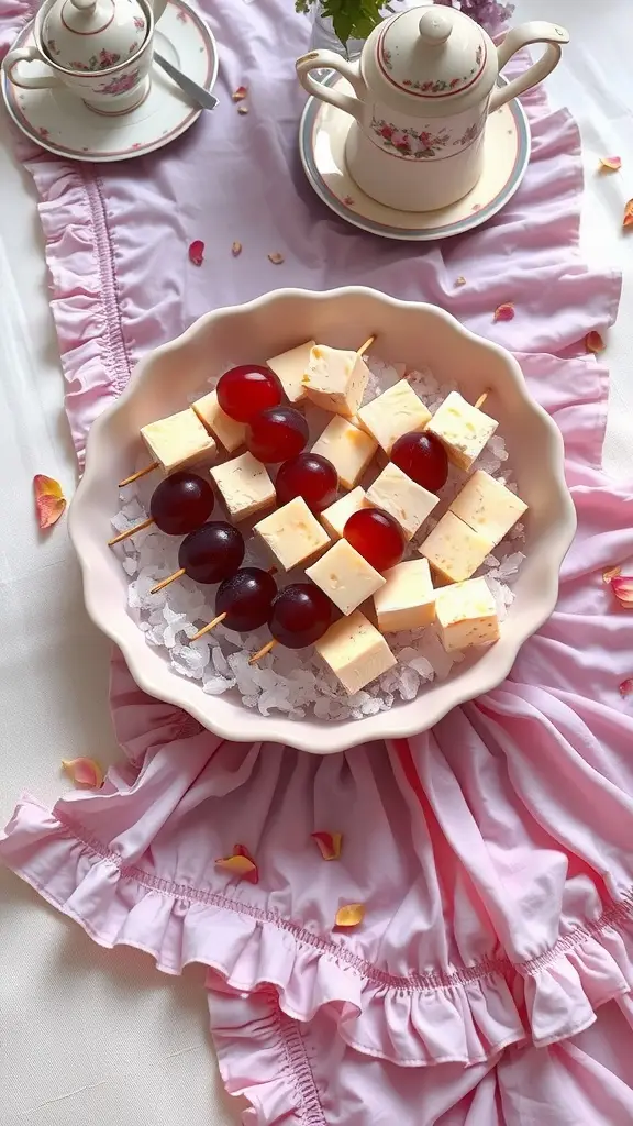 Tea skewers with Camembert cheese and grapes arranged on a plate