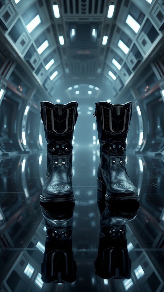 A pair of black leather power boots with angular designs, reflecting light in a futuristic spaceship-like environment.