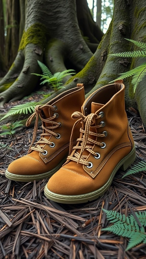 Endor Mosswalker Boots in a forest setting, surrounded by ferns and tree roots.