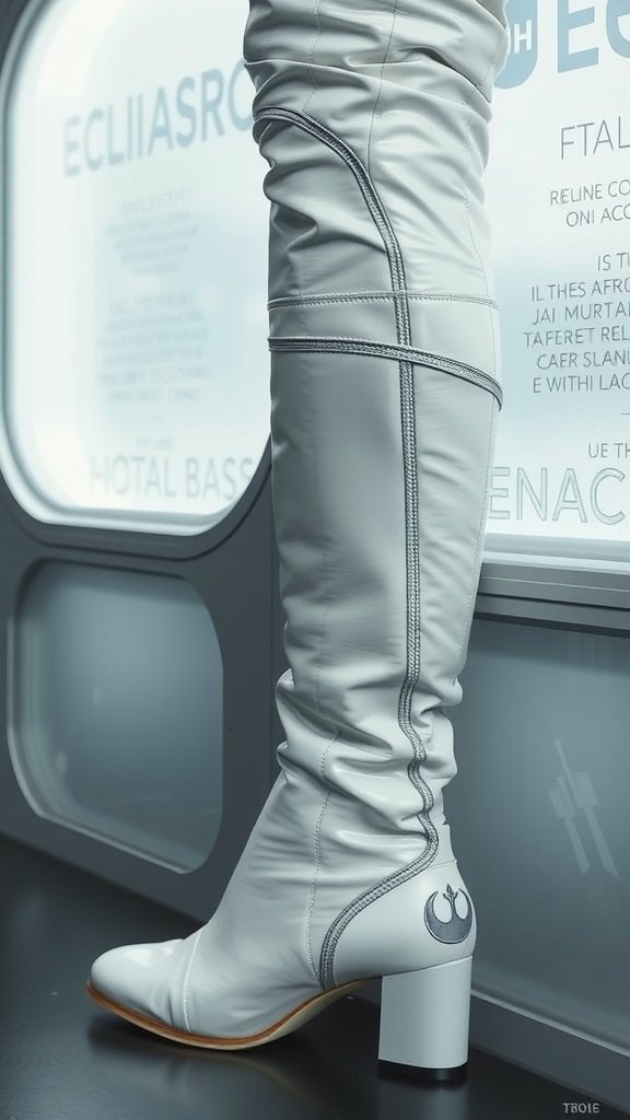 A close-up of white knee-high boots with a chunky heel and a Rebel Alliance emblem.