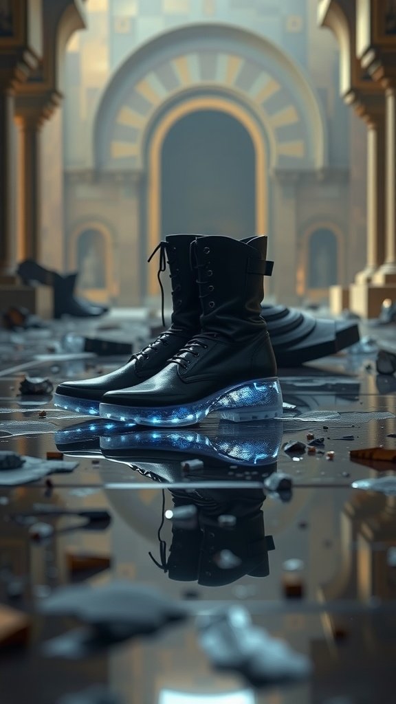 A pair of black combat boots with glowing soles, set in a dramatic environment.