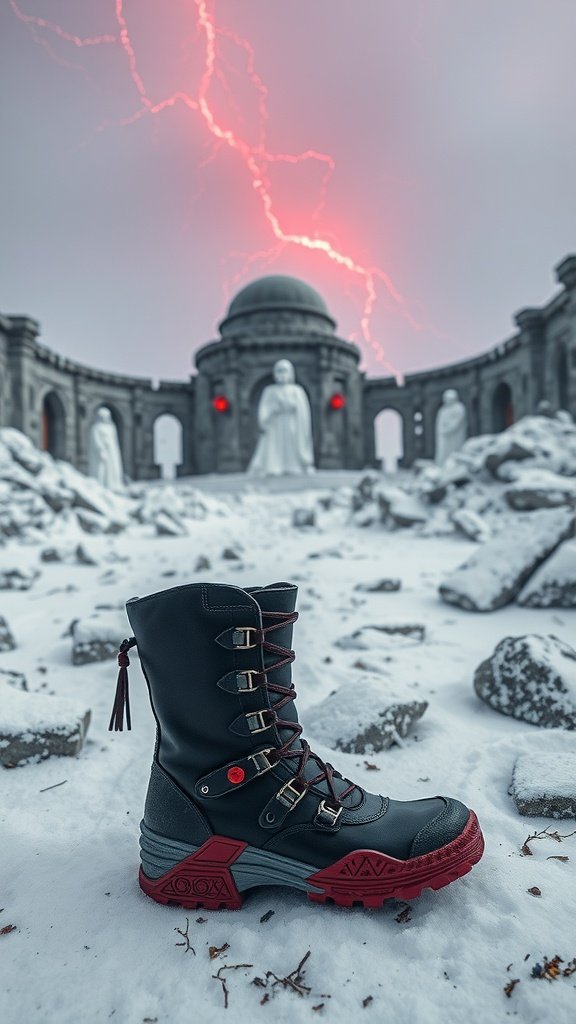 Stylish black winter boots with red accents in a snowy landscape with lightning in the background.