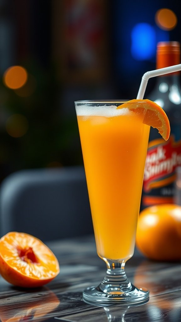 A refreshing Fuzzy Navel cocktail garnished with an orange slice.