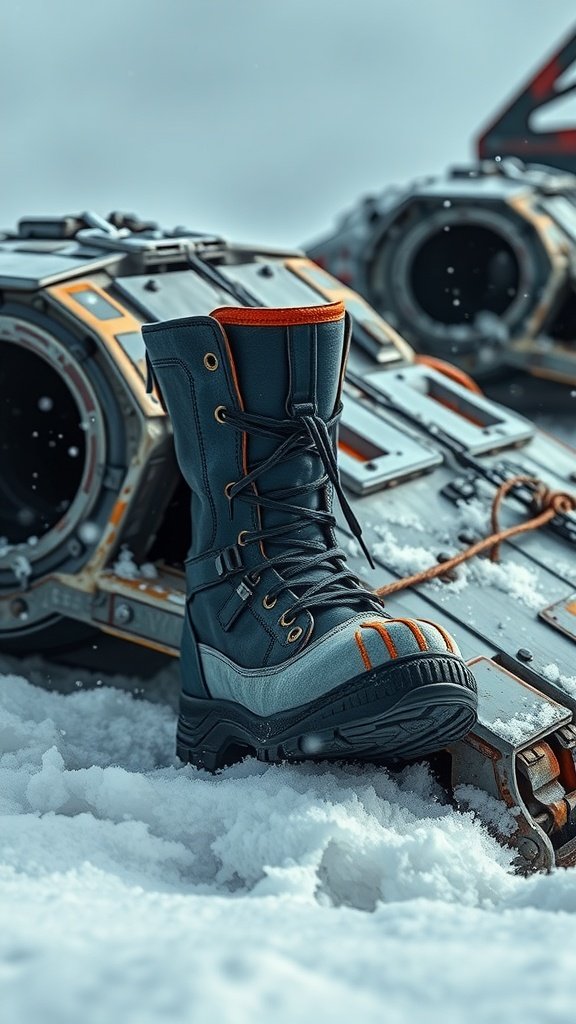 A stylish pair of winter boots on snowy terrain, inspired by Bo-Katan from Star Wars.
