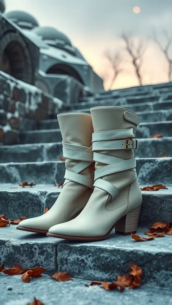 Stylish cream winter boots with wide straps on stone steps, surrounded by autumn leaves.
