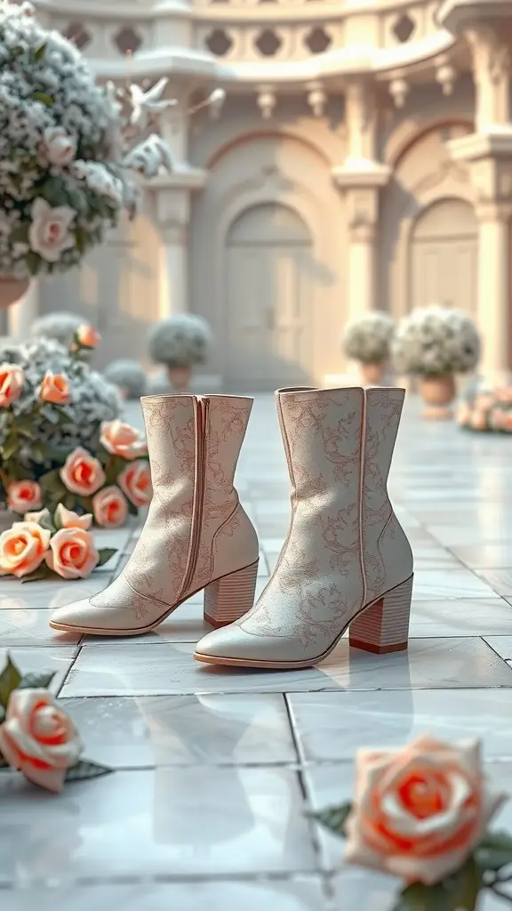 Elegant winter garden shoes inspired by Padmé Amidala, surrounded by roses in a snowy garden