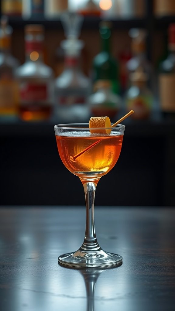 A Sazerac cocktail served in a classic glass with a lemon twist garnish.
