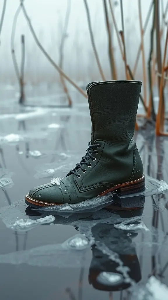 A green leather boot standing on a frozen marsh with tall reeds in the background