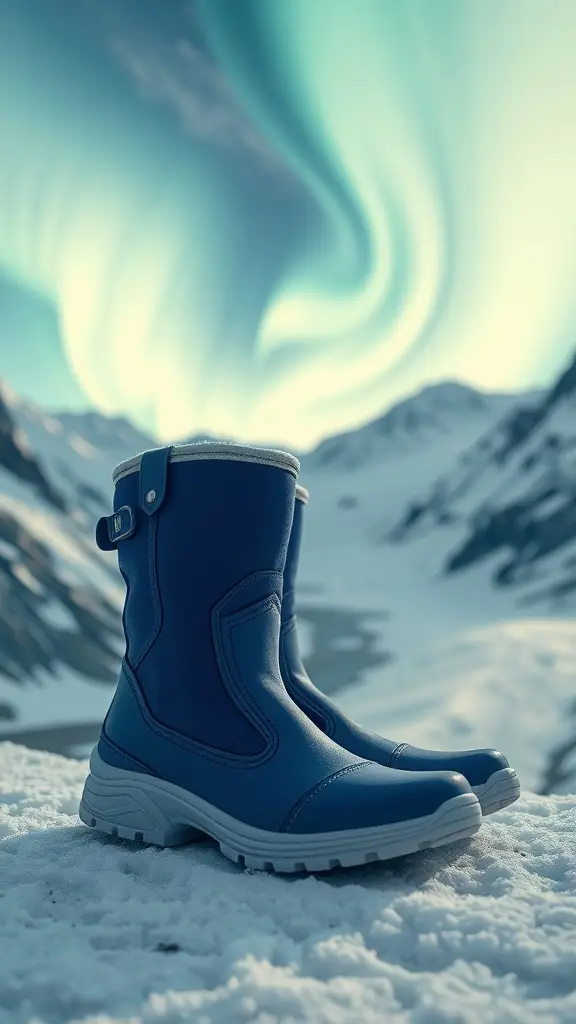 Blue winter boots on snow with a backdrop of mountains and northern lights