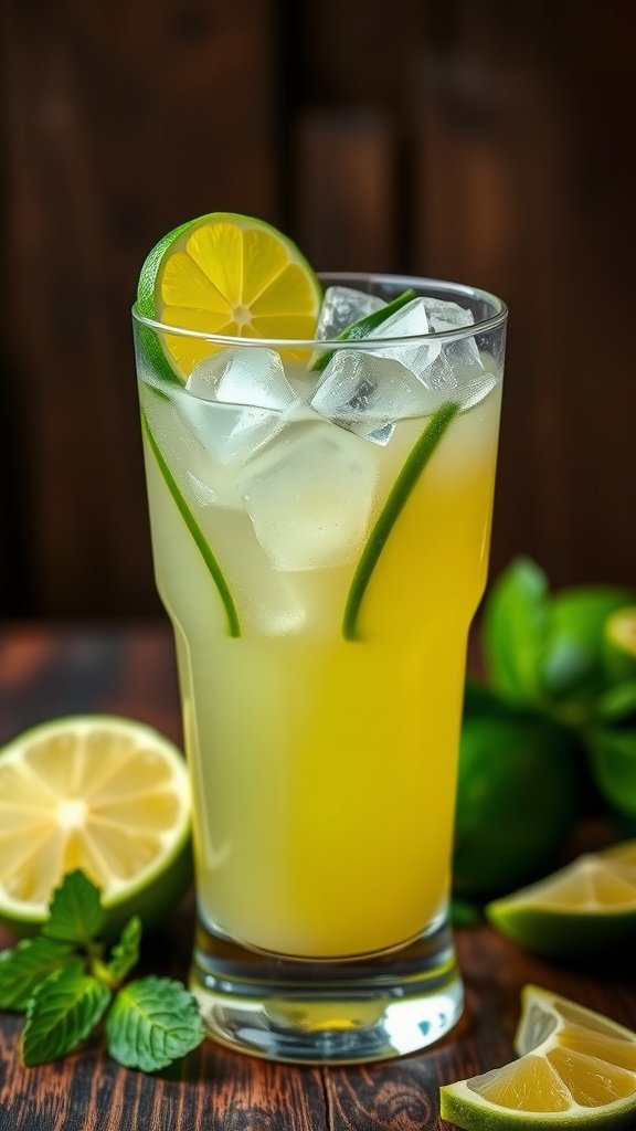 A refreshing Caipirinha cocktail served in a tall glass with lime wedges.