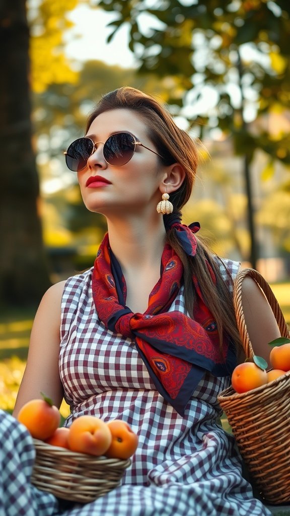 A woman in a checkered dress with a paisley scarf and sunglasses sits outdoors, holding baskets of oranges.