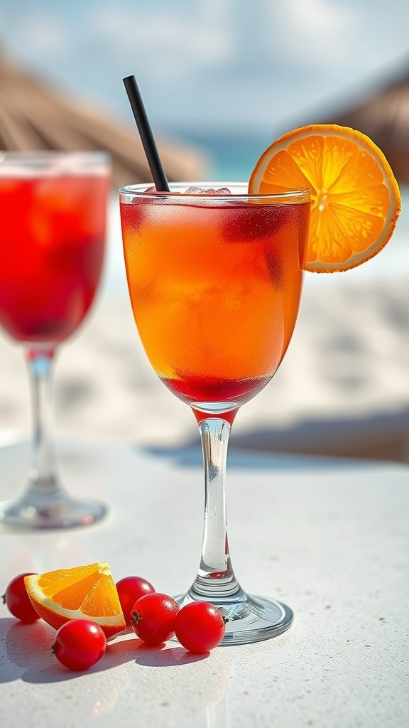 A vibrant Sex on the Beach cocktail garnished with an orange slice.