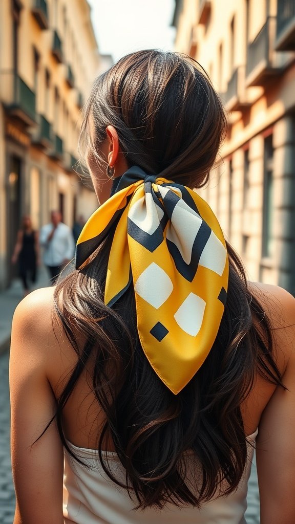 Back view of a woman with long hair wearing a lemon-colored geometric scarf in a Milan street