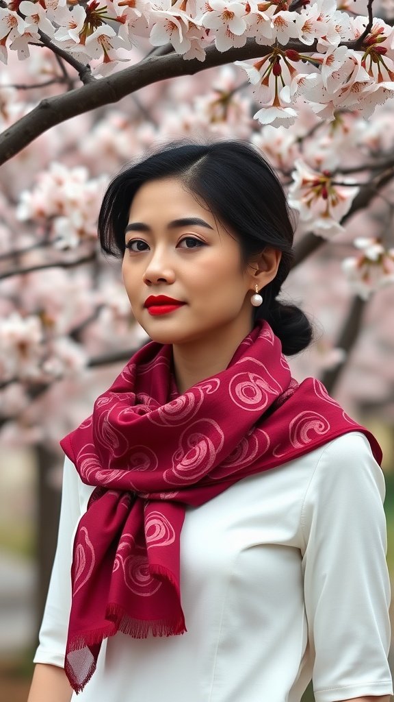 A woman in a white top and crimson scarf stands in front of cherry blossoms, showcasing a chic look.
