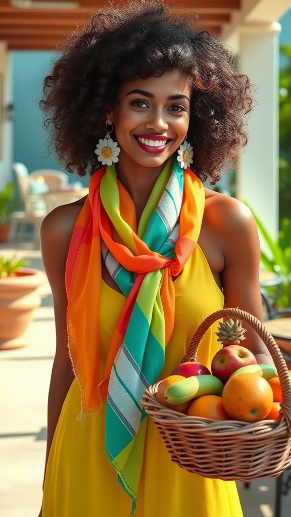 A woman with curly hair wearing a yellow dress and a colorful citrus-striped scarf, holding a basket of fruits.
