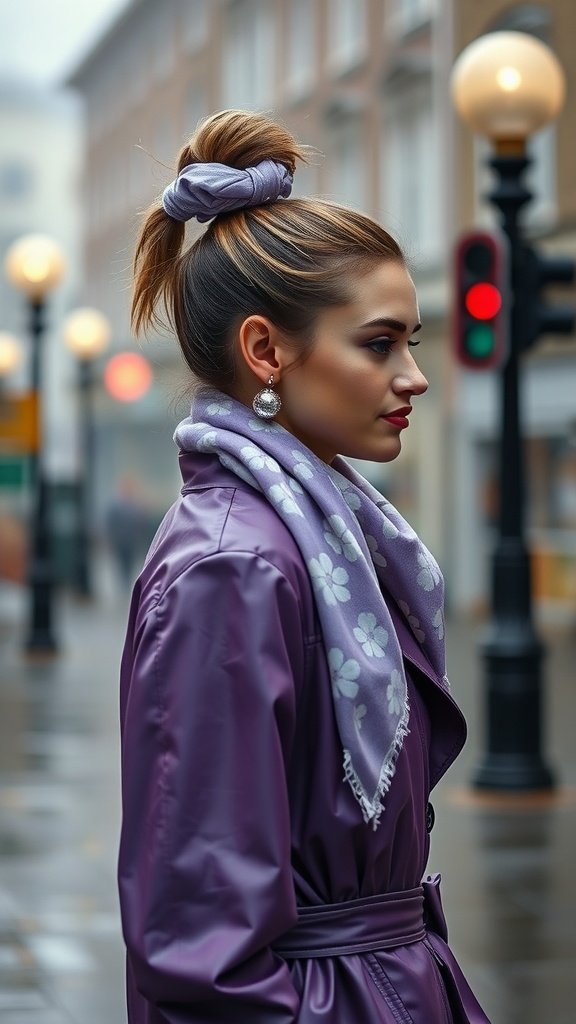 A woman in a lavender scarf and coat on a rainy London street