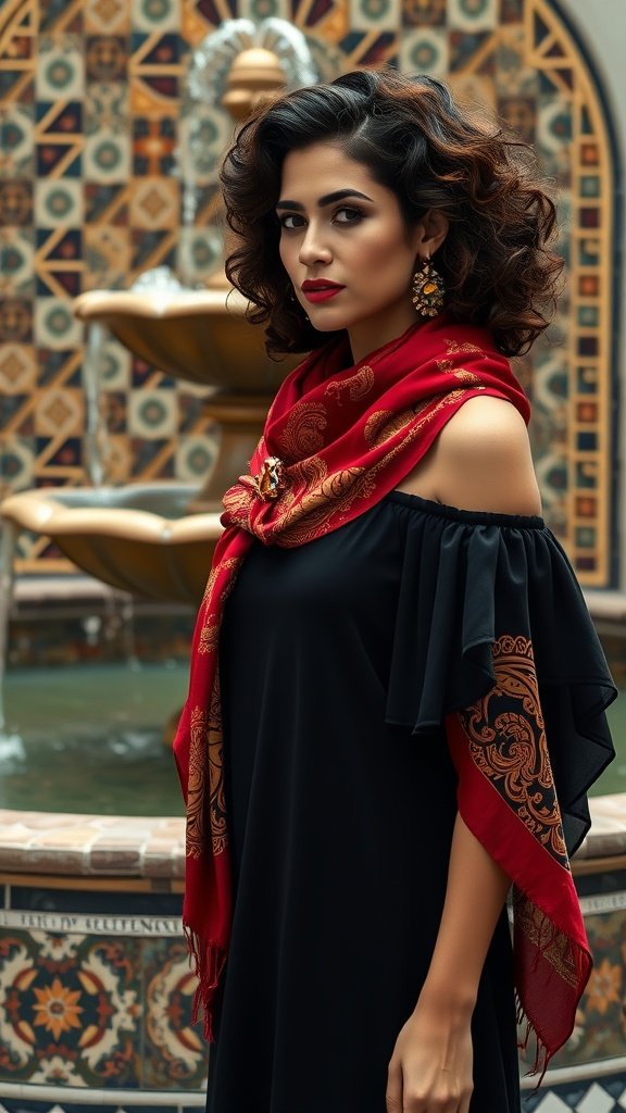 A model wearing a red scarf with gold paisley accents, standing in front of a beautifully tiled background.